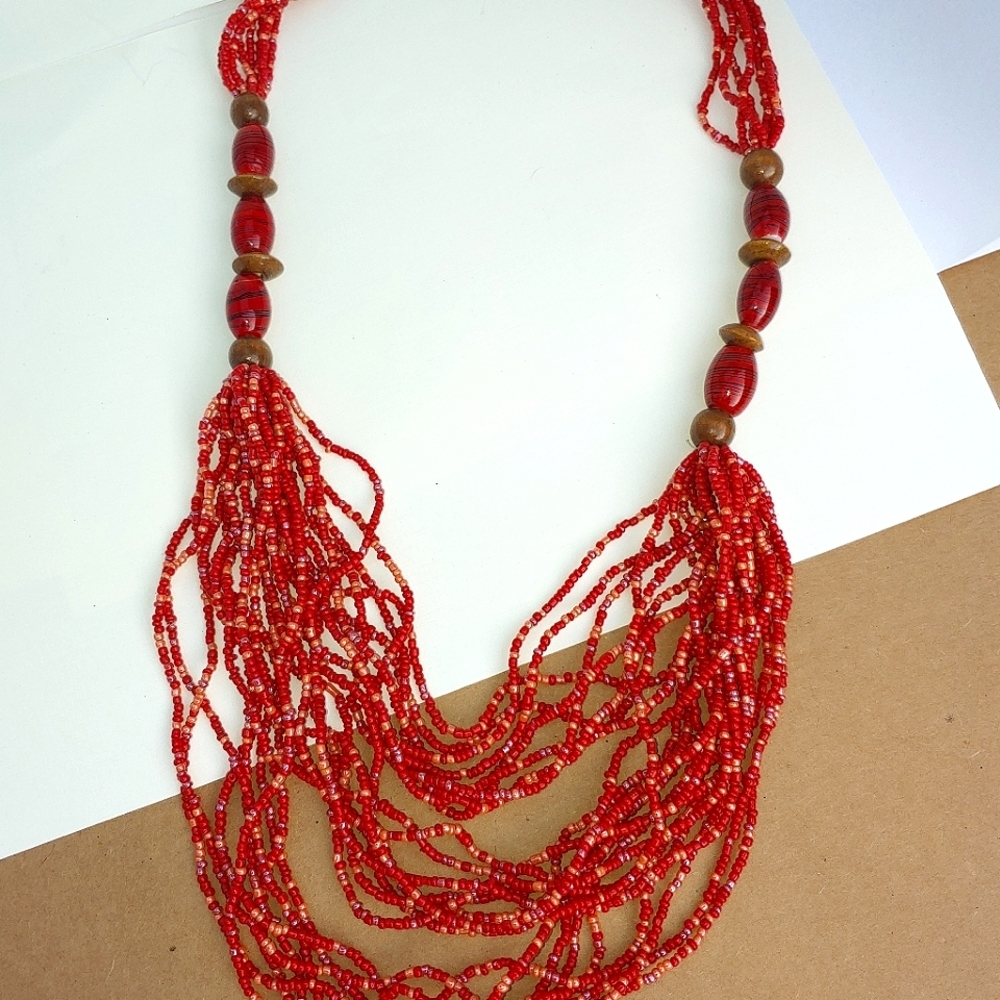 Red Bead and Wood necklace
